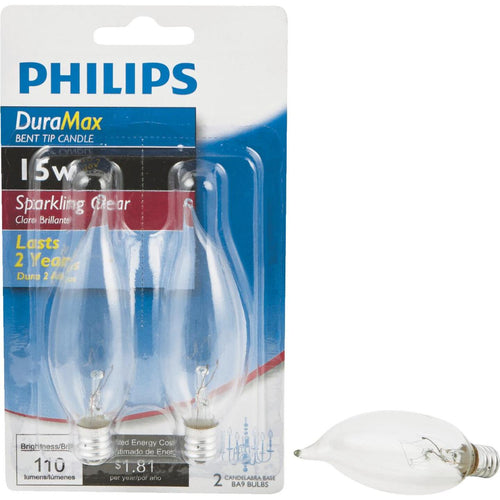 Philips DuraMax 15W Clear Candelabra Base BA9 Incandescent Bent Tip Light Bulb (2-Pack)