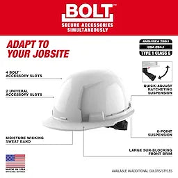 Milwaukee BOLT™ White Front Brim Hard Hat w/6pt Ratcheting Suspension (USA) - Type 1, Class E