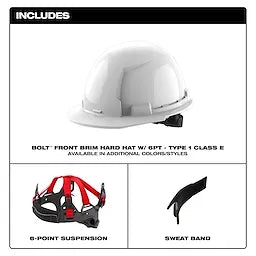 Milwaukee BOLT™ White Front Brim Hard Hat w/6pt Ratcheting Suspension (USA) - Type 1, Class E