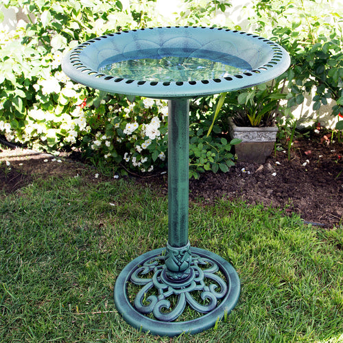 Alpine Aged Green Pedestal Birdbath with Scrollwork