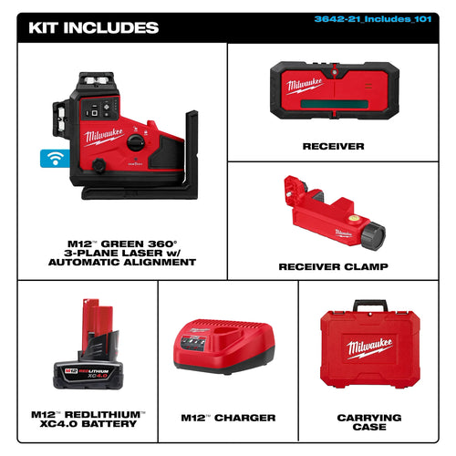 Milwaukee 3642-21 M12™ Green 360° 3-Plane Laser w/Automatic Alignment & Receiver